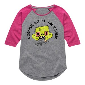 Girls' - Instant Message - A Zombie Ate My Homework Shirt Tail Raglan Graphic T-shirt - 1 of 4