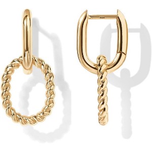 14K Gold Plated Convertible Huggie Hoops - Paperclip & Rope Design, Cubic Zirconia Two-Tone Dangle Earrings - 1 of 4