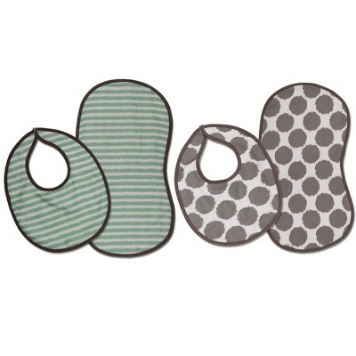 Bacati - Ikat Mint/Gray Dots/Stripes Muslin 4 pc set of Bibs & Burp Cloths Set