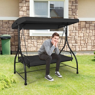 Black Adjustable Steel Frame 3-Seat Outdoor Swing with Canopy