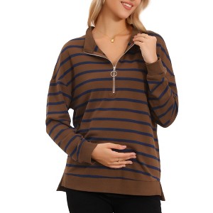 INSPIRE CHIC Women's Maternity Tunic High Low Tops Half Zip Long Sleeve Mock Neck Side Slit Striped Pregnancy Blouse - 1 of 4
