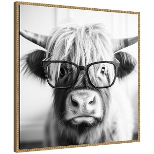 Kate & Laurel All Things Decor 30"x30" Sylvie Highland Cow Reading Glasses Framed Canvas by The Creative Bunch Beaded Natural - 1 of 4