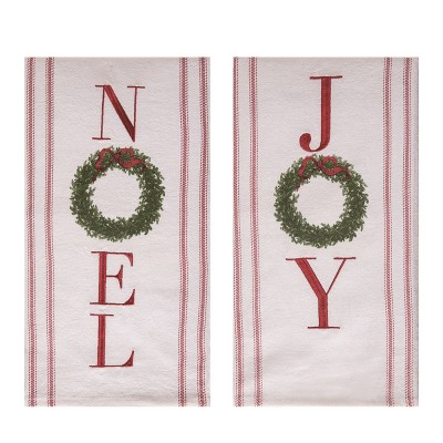 Transpac Fabric Embroidered Wreath Tea Towel Set of 2 Christmas Home Decorations