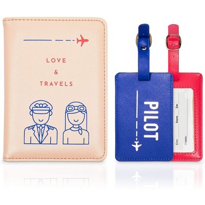 Zodaca 3 Piece, Co-Pilot and Pilot Luggage Tag Set, RFID Passport Wallet, Honeymood Wedding Gift Box Set