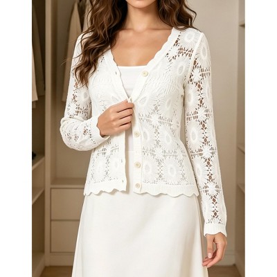 Women Floral Crochet Lace Cardigan V‑Neck Button‑Front Long Sleeve