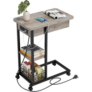 Homhougo C Shaped Side Table with Charging Station, Flip Top Sofa End Table with USB Ports and Outlets, Narrow Side Table, Gray - 1 of 4