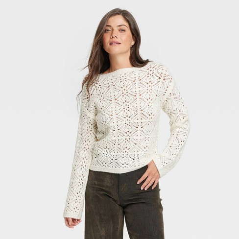 Women s Boat Neck Openwork Pullover Sweater Universal Thread Cream S