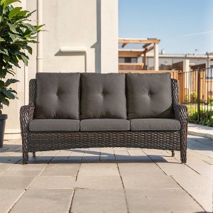 POCASSY 74" Wide Outdoor Wicker Patio Sofa with Cushions, All Weather Wicker Furniture Sofa 3 Seater Couch for Porch, Deck, Balcony - 1 of 4