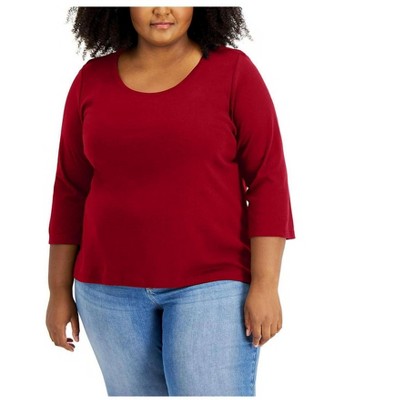 Tommy Hilfiger Womens Ribbed Trim Basic T-Shirt, Red, 1X