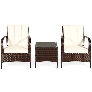 Tangkula 3PCS Patio Outdoor Rattan Conversation Set Furniture Set w/ Table Cushions - 1 of 4