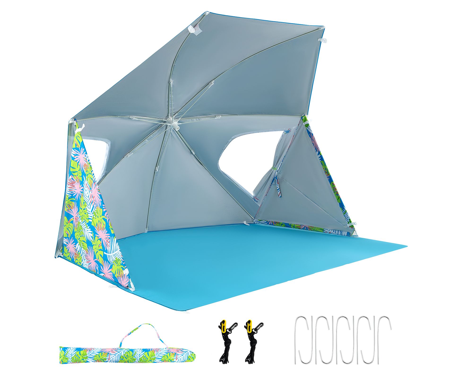 Costway Portable Beach Tent for 2-4 People 2-In-1 Sun Canopy with Floor Roll-Up Windows Dual Side Flaps Carry Bag UPF 50+ Protection Easy Setup