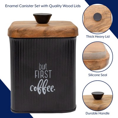 Black Enamel and Wood Retro Canister Set, 3-Piece