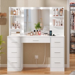 USIKEY Large Vanity Desk with LED Lighted Mirror & Power Outlet,Makeup Vanity Table with 7 Drawers,4 Shelves and 5 Hooks,Vanity Table for Bedroom - 1 of 4