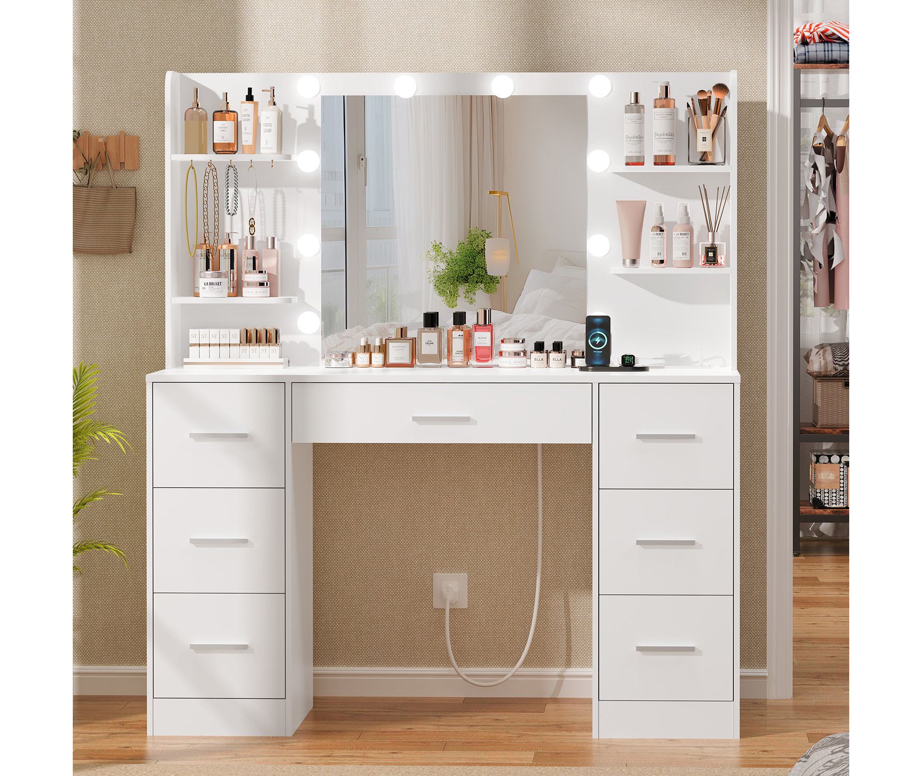 USIKEY Large Vanity Desk with LED Lighted Mirror & Power Outlet,Makeup Vanity Table with 7 Drawers,4 Shelves and 5 Hooks for Bedroom, White