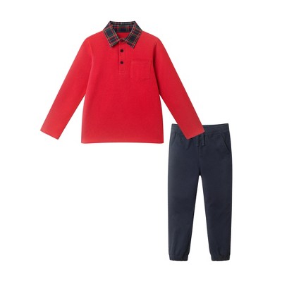 Andy & Evan  Toddler  Red Polo w/Plaid Collar & Twill Pull On Pant