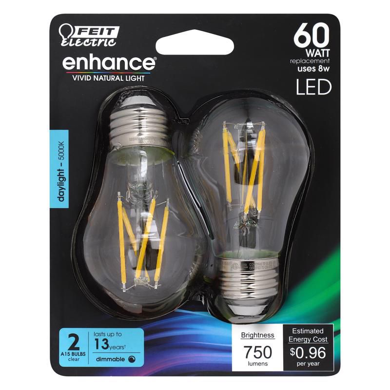 Feit Electric Enhance A15 E26 (Medium) Filament LED Bulb Clear Daylight 60 Watt Equivalence 2 pk, 1 of 2