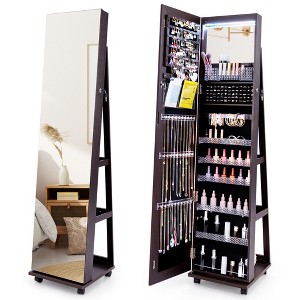 Tangkula 64" Jewelry Cabinet Armoire w/ 3-Color Lights Adjustable Shelves & Wheels - 1 of 4