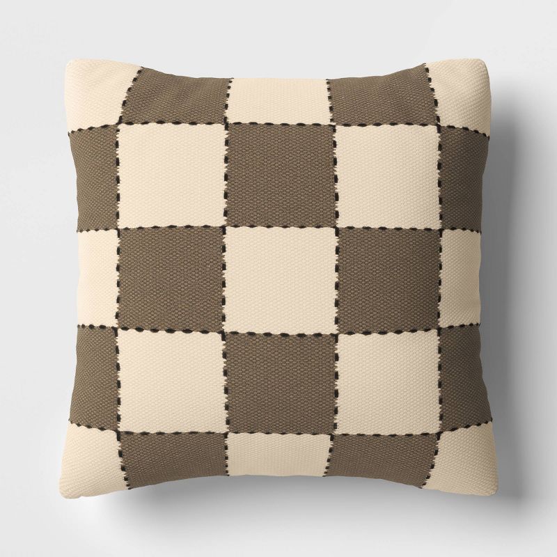 18&#34;x18&#34; Checkerboard Square Outdoor Throw Pillow Brown/Beige - Threshold&#8482;, 1 of 6