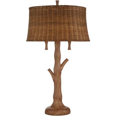 John Timberland Rustic Farmhouse Table Lamp Tree Trunk Brown Rattan Shade for Living Room Bedroom Bedside Nightstand Office Family