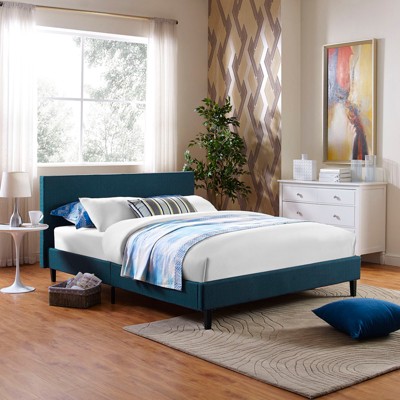 Anya Azure Blue Queen Upholstered Wood Frame Bed with Slatted Support