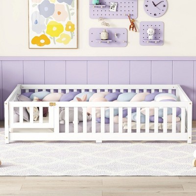 CAVINAS Full Size Wood Montessori Bed,Modern Floor Bed with Safety Guardrails and Door,Toddler Bed for Bedroom