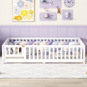 CAVINAS Full Size Wood Montessori Bed,Modern Floor Bed with Safety Guardrails and Door,Toddler Bed for Bedroom - 1 of 4