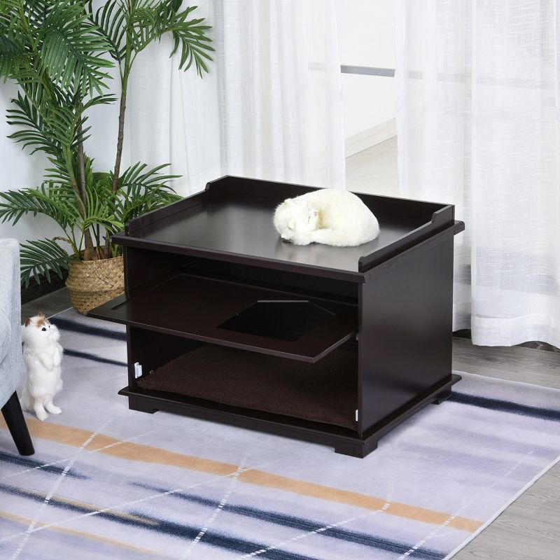 PawHut Wooden Cat Litter Box Covered Mess Free End Table Hideaway Storage Cabinet, Brown, 2 of 7