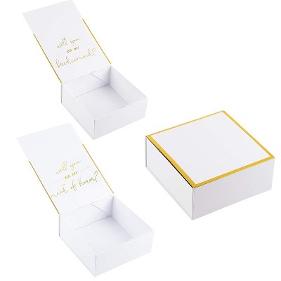 Juvale 2 Bridesmaid Proposal Box and 1 Maid of Honor Proposal Gift Box, Gold Foil Text and Border, White, 8 x 8 x 3.6 Inches
