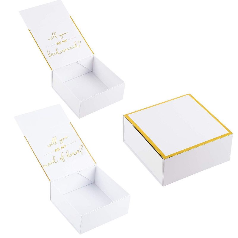 Juvale 2 Bridesmaid Proposal Box and 1 Maid of Honor Proposal Gift Box, Gold Foil Text and Border, White, 8 x 8 x 3.6 Inches, 1 of 7