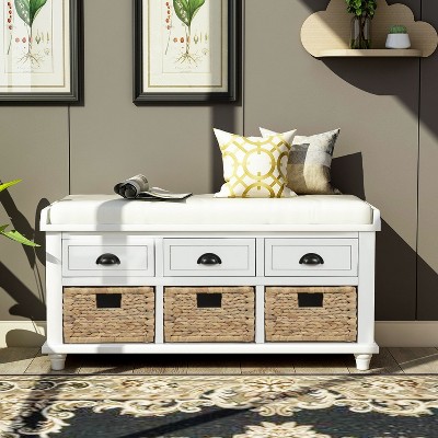 CAVINAS Storage Bench Shoe Rack Storage Bench with 3 Drawers and 3 Rattan Baskets