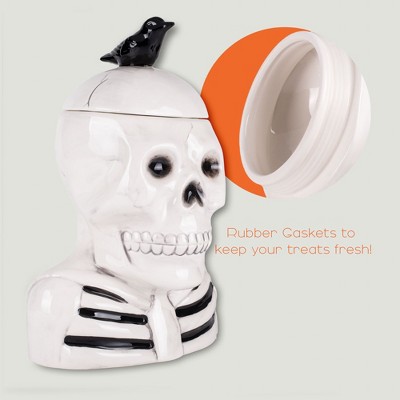 100 North Dolomite Ceramic 12 inch Halloween Cookie Jar with Airtight Lid: Kitchen Canisters, Pet Treat Containers & Fall Candy Dish, Skeleton & Crow — фото 3