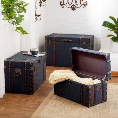 Set Of 3 Vintage Real Leather And Wood Trunks Brown - Olivia & May