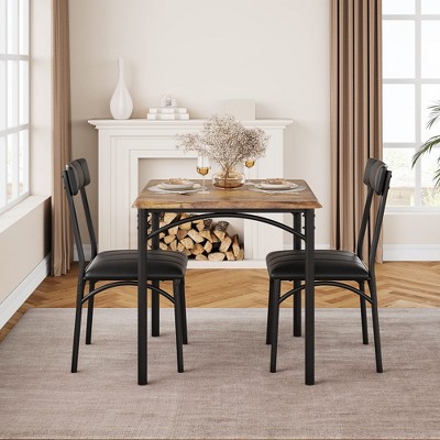 Industrial Dining Table Set for 3, Square Wood Tabletop kitchen Table with 2 Upholstered Chairs, Retro Dinner Dinette Table Set for Living Room