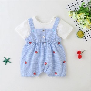 MyKids-USA Baby Girl 1pcs Plaid Graphic Strawberries Embroidery Snap Button Jumpsuit & Solid Tee Sets - 1 of 4