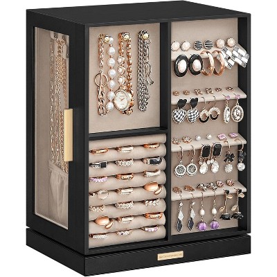 Jewelry Box 360° Rotating, with 5 Drawers, Glass Window, Vertical Jewelry Storage