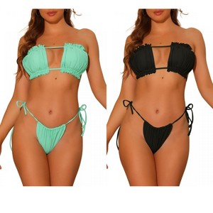 Elerevyo Women's Ruffle Pleated Bandeau Push Up High Cut Tie Side String Bikini Sets Swimsuits 2 Sets - 1 of 4