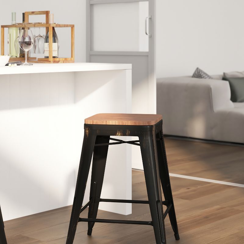Merrick Lane Backless Metal Dining Stool with Wooden Seat for Indoor Use, 6 of 14