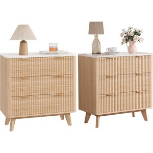 32" Width Fluted Nightstand Set of 2, Modern 3 Drawer Bedside Table with Faux Marble Top - 1 of 4