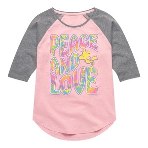 Girls' - Peanuts - Peace & Love Woodstock Shirt Tail Raglan Graphic T-shirt - 1 of 4