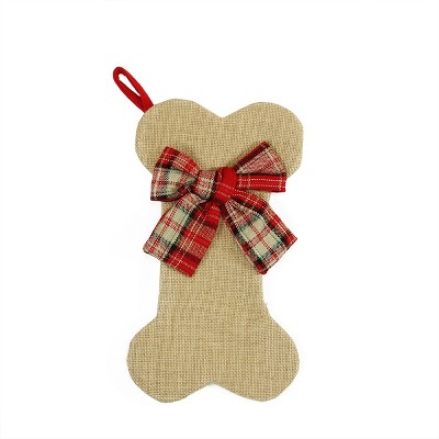 Northlight 14" Brown Burlap Dog Bone Christmas Stocking with Red Plaid Bow