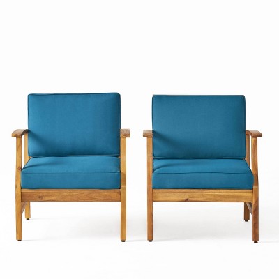 Perla 2pk Acacia Wood Club Chairs - Teak/Blue - Christopher Knight Home