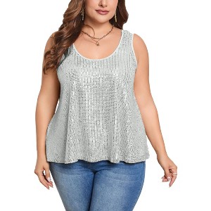 Womens Plus Size Sequin Tank Tops Scoop Neck Sleeveless T-Shirts Sparkle Shimmer Tunic Tops - 1 of 4