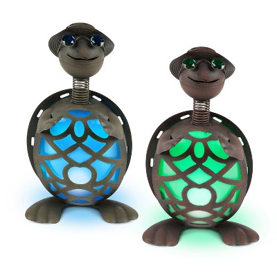 Garden Meadow 14.5-Inch High Solar-Powered Metal Turtle Figurines, Set of 2.