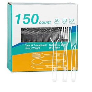Aoibox 150-Piece Clear Plastic Cutlery Set - Heavy Duty Forks, Spoons, Knives for Parties, Weddings, Picnics & Everyday Use - 1 of 4