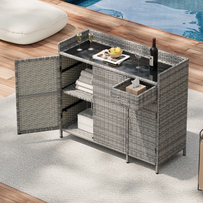 Wicker Outdoor Storage Cabinet,Table With Tempered Glass Tabletop And Drawer,Adjustable Shelf,Indoor Outdoor Bar Height Table-Coolbibila