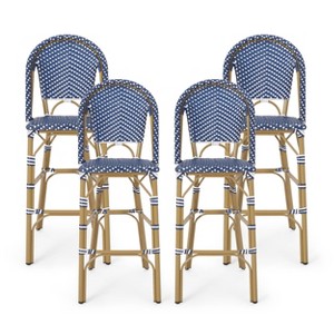 Kinner 4pk Outdoor Aluminum French Bar Stools - Dark Teal/White/Bamboo - Christopher Knight Home - 1 of 4