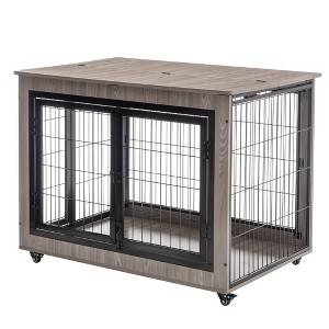 43" Heavy Duty Dog Crate, Wooden Dog Crate With Metal Frame, Flip-up Opening, 2 Lockable Wheels, Front And Side Doors - 1 of 4