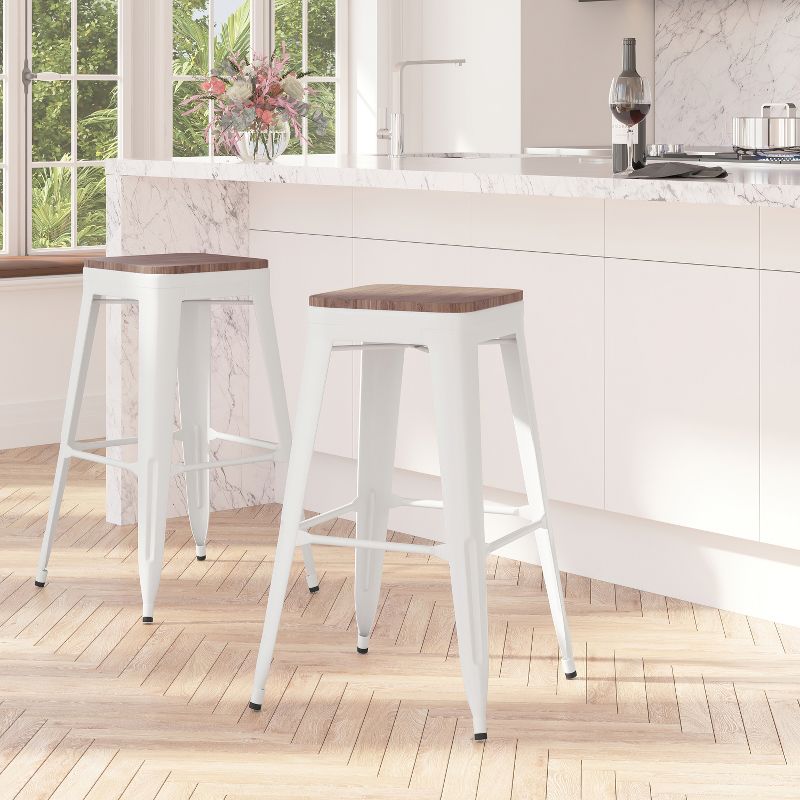 Merrick Lane Backless Metal Dining Stool with Wooden Seat for Indoor Use, 3 of 14