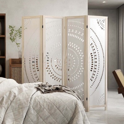 66" White Boho Solid Wood Folding Room Divider with Carved Pattern