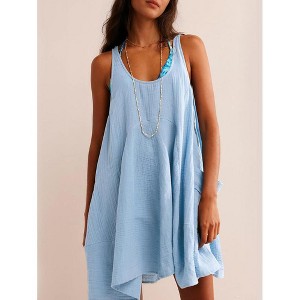 Women Tank Dress Sleeveless Scoop Neck Loose Mini Dress A-Line Sundresses Swimsuit Coverup with Pockets Sky Blue M - 1 of 4